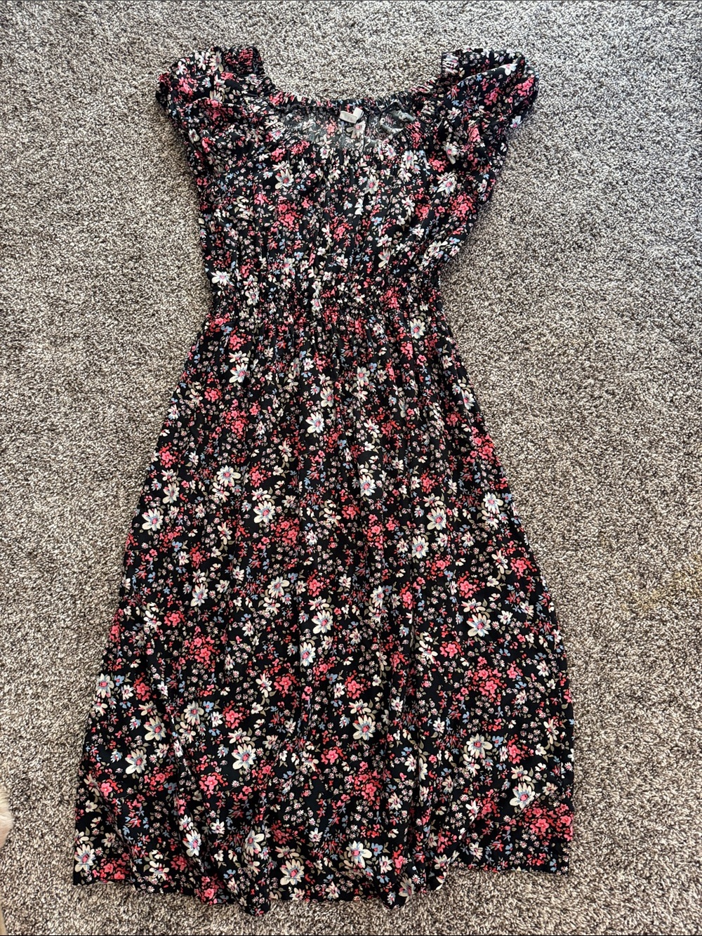 GAP Black Floral Midi Dress with Pink & White Blooms